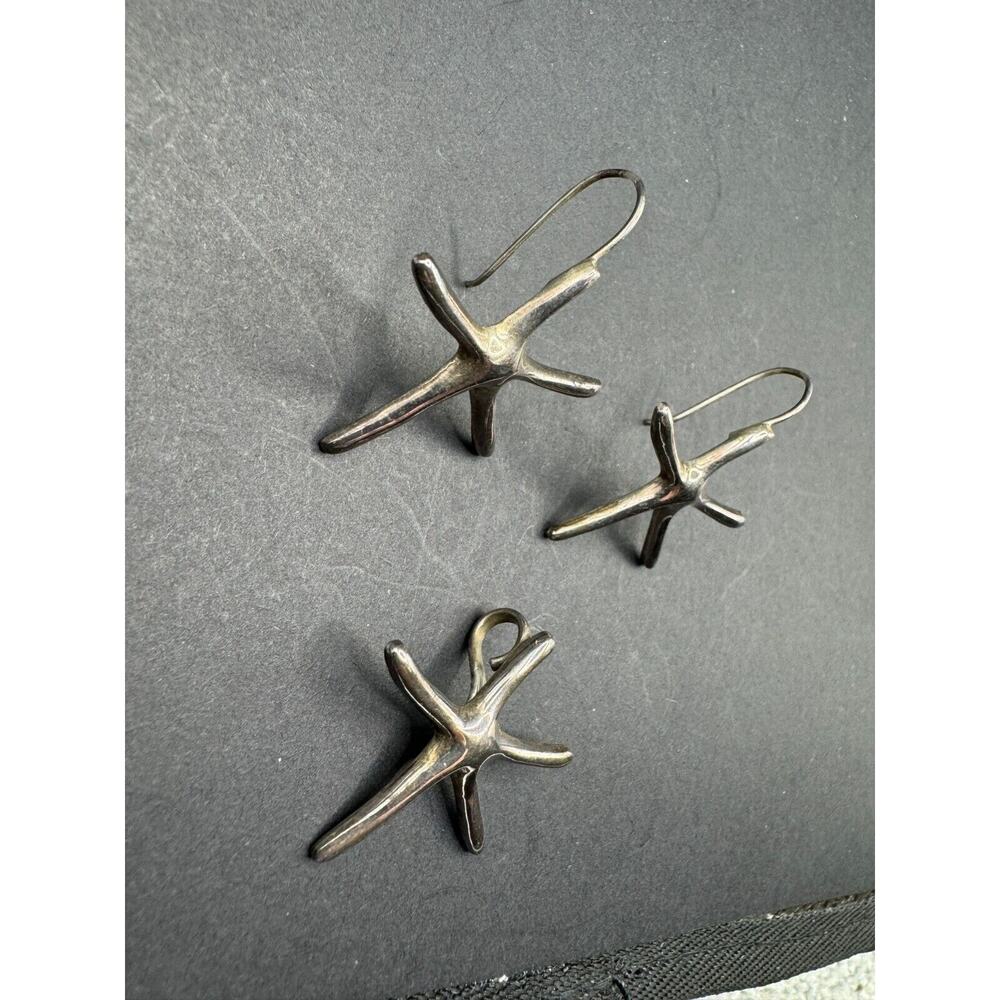 Vintage 925 Sterling Silver Starfish Pendant & Dangle Drop Earrings Jewelry Set - Picture 2 of 7